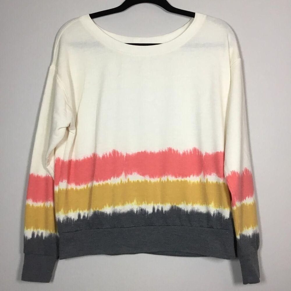 Cream sweatshirt coral mustard blue stripes oversized slouchy cozy XS